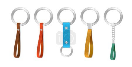 Illustration for Silver metal key holders keychains with colorful leather elements realistic set isolated vector illustration - Royalty Free Image