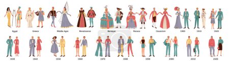 Illustration for Fashion history flat set of human couples dressed in style of middle ages renaissance rococo baroque and modern times isolated vector illustration - Royalty Free Image