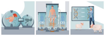 Illustration for Cloning genetics set of three square compositions with chambers floating human bodies sheep scientist and dna vector illustration - Royalty Free Image
