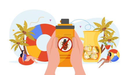 Illustration for Repellents flat composition of human hands holding spray with inflatable ring cocktail palm trees and girls vector illustration - Royalty Free Image