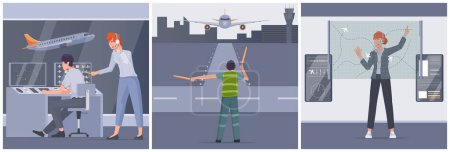 Ilustración de Conjunto plano de control de tráfico aéreo con controladores de aeronaves e ilustración vectorial aislada de marshallers - Imagen libre de derechos
