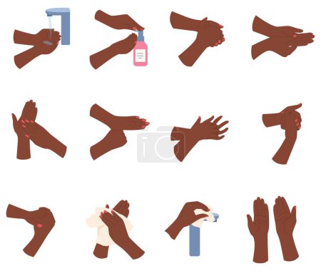 Téléchargez les illustrations : Ensemble de couleurs hygiéniques personnelles de mains humaines noires isolées sur fond blanc illustration vectorielle plate - en licence libre de droit