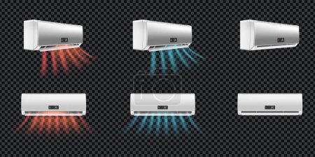 Klimaanlage Split-System realistischen Satz von sechs Geräten Vorder- und Seitenansicht isoliert auf transparenten Hintergrund Vektor Illustration