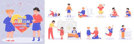 Autism awareness composition set of kids with signs of autistic spectrum disorder isolated vector illustration
