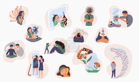Illustration for Self criticism flat set of people blaming themselves feeling guilty and stressed isolated vector illustration - Royalty Free Image