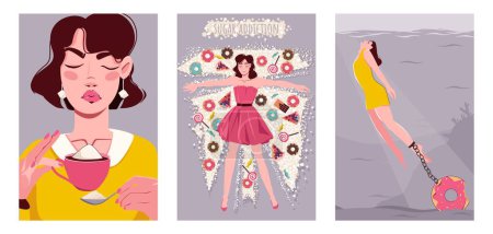 Illustration for Sugar addiction flat isolated posters set with women chained to sweet donuts craving for desserts vector illustration - Royalty Free Image