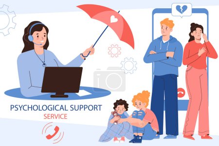 Illustration for Psychological support service flat poster with online psychologist offering umbrella to depressed children and married couple vector illustration - Royalty Free Image