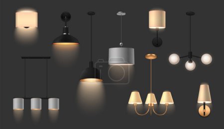 Realistische Reihe von leuchtenden Hängelampen und Wandlampen für den modernen Innenraum isoliert auf dunklem Hintergrund Vektor-Illustration