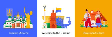 Téléchargez les illustrations : Ukraine concept de conception ensemble de trois compositions plates de couleur carrée invitant à visiter l'illustration vectorielle du pays - en licence libre de droit