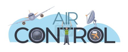 Ilustración de Control de tráfico aéreo texto plano con satélite marshaller aviación y radares vector ilustración - Imagen libre de derechos