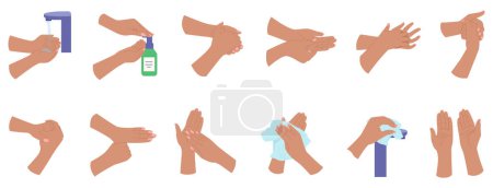 Téléchargez les illustrations : Icônes plates de soins de santé ensemble de lavage des mains avec des instructions visuelles détaillées étape par étape illustration vectorielle isolée - en licence libre de droit