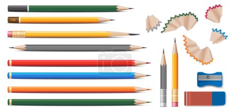 Téléchargez les illustrations : Crayons de couleur en bois ensemble réaliste avec gomme et aiguiseur à fond blanc illustration vectorielle isolée - en licence libre de droit