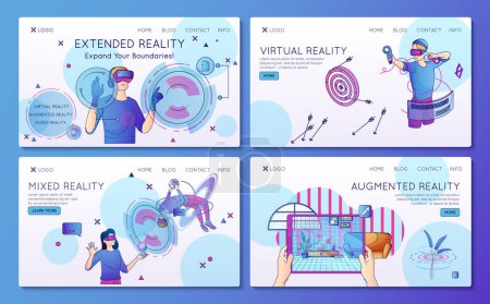 Cyberspace horizontal banners set with people experiencing virtual extended augmented mixed reality isolated vector illustration