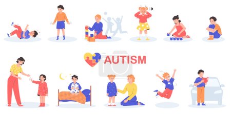 Autism flat set of children suffering from autistic spectrum disorder isolated vector illustration