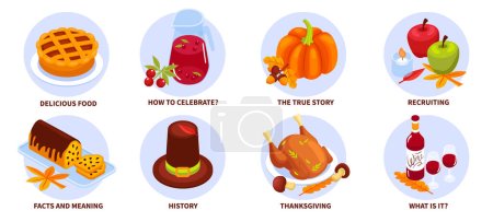Thanksgiving isometrische runde Kompositionen demonstrierten Geschichte Fakten Bedeutungen leckeres Essen und festliche Accessoires isolierte Vektorillustration