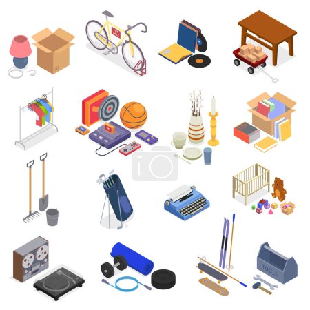 Téléchargez les illustrations : Icônes isolées de vente de garage avec des symboles de marché aux puces illustration vectorielle isolée - en licence libre de droit