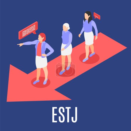 Illustration for Estj mbti type isometric composition with female leader showing direction 3d vector illustration - Royalty Free Image