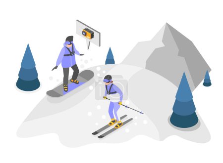 People skiing and snowboarding downhill shooting themselves on action camera isometric composition vector illustration
