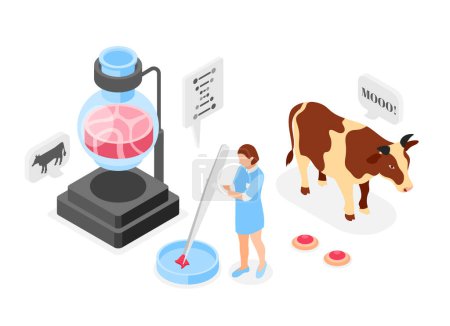 Illustration for Artificial grown meat isometric composition with cow character and veal meat grown in glassware in chemical laboratory vector illustration - Royalty Free Image