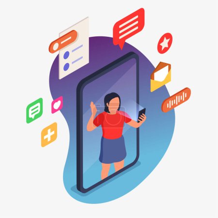 Ilustración de Community Manager composición isométrica con la mujer en la pantalla del teléfono inteligente y los iconos de redes sociales ilustración vectorial - Imagen libre de derechos