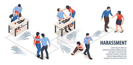 Isometric infographic template with text field and situations of harassment in office 3d vector illustration