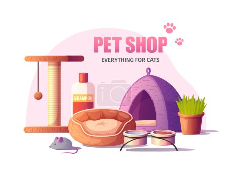 Illustration for Pet shop poster in cartoon style with various cat care accessories vector illustration - Royalty Free Image
