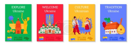 Explore ukraine flat poster set depicting traditions culture and landmarks isolated vector illustration