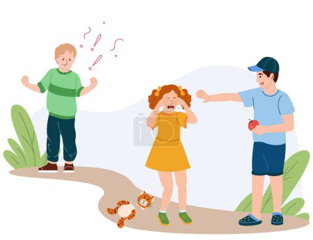 Illustration for Children behaviour flat illustration with bad boy offending crying girl and good boy calming her vector illustration - Royalty Free Image