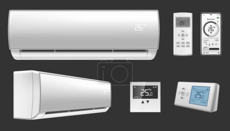 Illustration for Air conditioner split system realistic set with indoor unit remote control thermostat isolated on black background vector illustration - Royalty Free Image