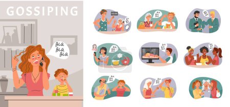 Illustration for Bla meme composition with gossiping and advice symbols flat isolated vector illustration - Royalty Free Image