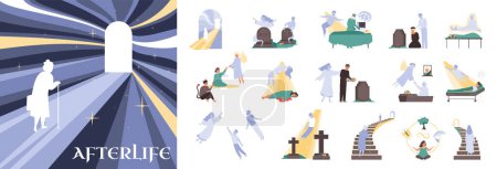 Ilustración de Muerte después de la muerte composición plana con paseo por el cielo con puerta y silueta humana con conjunto de iconos vector ilustración - Imagen libre de derechos
