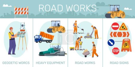 Ilustración de Reparación de carreteras infografía plana que representa señales de tráfico de equipos pesados y obras geodésicas ilustración vectorial - Imagen libre de derechos
