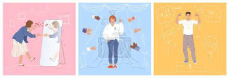 Illustration for Narcissism flat square illustrations of egocentric people admiring himself isolated vector illustration - Royalty Free Image