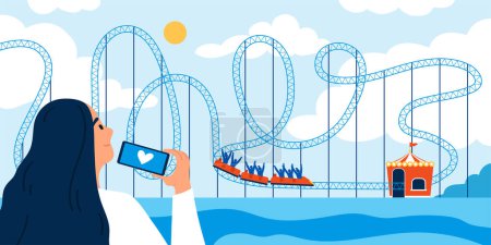Illustration for Woman watching and taking photo of people riding roller coaster in amusement park flat vector illustration - Royalty Free Image