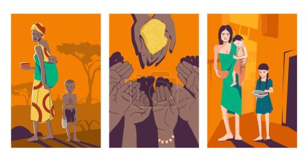 Illustration for Hunger food crisis set of isolated vertical compositions with flat doodle style characters of starving people vector illustration - Royalty Free Image