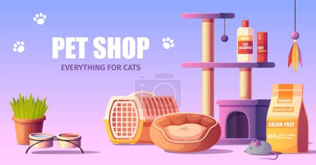 Illustration for Pet shop cartoon horizontal poster with toys food shampoo and other accessories for cats vector illustration - Royalty Free Image