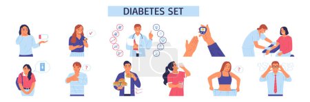 Illustration for Prevention and symptoms of diabetes flat set with male and female patients isolated vector illustration - Royalty Free Image