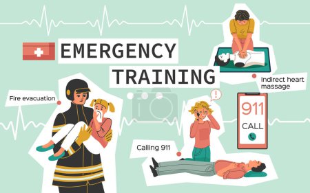 Illustration for Emergency training collage with heart massage symbols flat vector illustration - Royalty Free Image