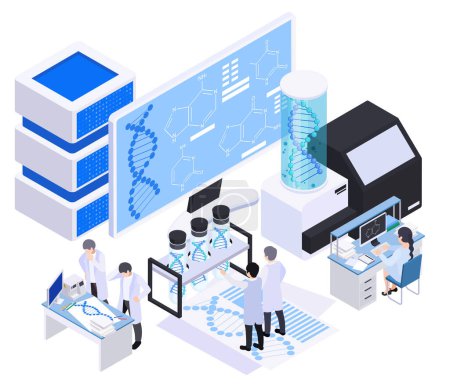 Illustration for Biotechnology isometric composition with icons of computer screen server rack scientists and test tubes with dna vector illustration - Royalty Free Image
