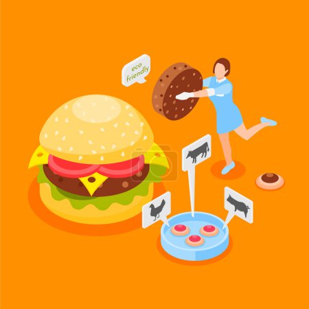 Illustration for Artificial grown meat orange background with eco friendly products made from animal cells vector illustration - Royalty Free Image