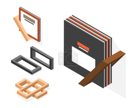 Ilustración de Composición isométrica de la sala de almacenamiento con iconos aislados de soportes de marcos y soportes de libros en blanco ilustración vectorial de fondo - Imagen libre de derechos