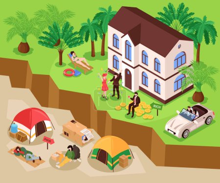 Illustration for Isometric gap between rich and poor composition with outdoor landscape and people living above and underground vector illustration - Royalty Free Image