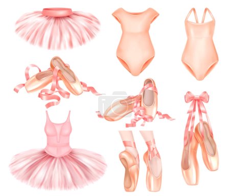 Realistic set of elegant ballet tutu skirts boots and bodysuit isolated on white background vector illustration