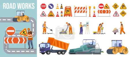 Ilustración de Reparación de carreteras composición plana que consiste en equipos pesados señales de tráfico y personas que realizan trabajos geodésicos y de carretera ilustración vectorial - Imagen libre de derechos