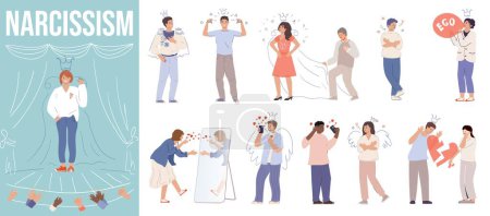 Illustration for Narcissism flat composition consisting of conceited selfish arrogant ambitious female and male persons vector illustration - Royalty Free Image