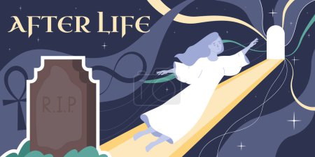 Ilustración de Vida después de la muerte composición con collage de iconos planos texto adornado tumba y silueta de vuelo alma vector ilustración - Imagen libre de derechos