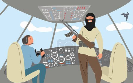 Téléchargez les illustrations : Terrorisme terreur plat composition avec vue de la cabine de l'avion avec pilote et homme armé détournement d'avion vectoriel illustration - en licence libre de droit