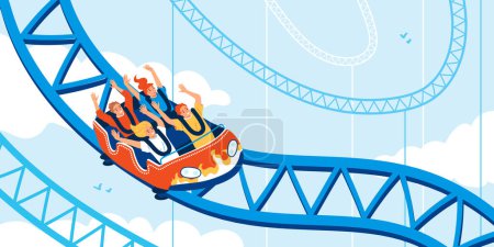 Illustration for Thrilled people riding roller coaster in amusement park flat vector illustration - Royalty Free Image