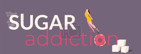 Téléchargez les illustrations : Addiction au sucre bannière horizontale plate avec caractère féminin enchaîné à beignet sur fond de couleur illustration vectorielle - en licence libre de droit