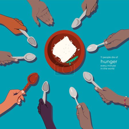 Illustration for Hunger food crisis flat composition with plate surrounded by human hands of various color holding spoons vector illustration - Royalty Free Image